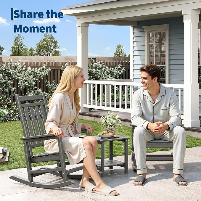 Garvee HDPE Rocking Chair Outdoor Set of 4 with 2 Side Table - Poly High Back Porch Rocker Chairs for Adults - All Weather Resistant Furniture for Patio Front Porch - Gray - Image 3