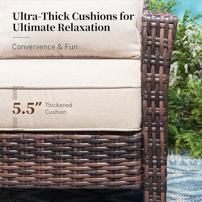 Patio Furniture Set with Swivel Chairs, High Back Wicker Rattan Furniture with 5.5" Thick Cushions, Fire Pit Table and Ottomans, All Weather Outdoor Conversation Set for Backyard Deck,9 Seats, Beige