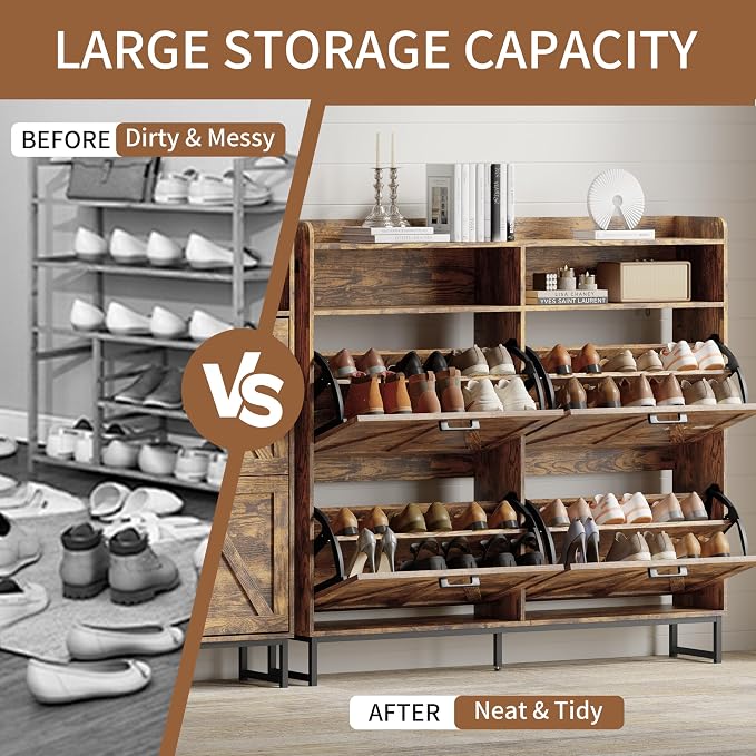 Shoe Cabinet with 4 Flip Drawers, Freestanding Hidden Shoe Storage Organizer for Entryway, Narrow Slim Shoe Rack Cabinet with Open Storage & Hooks for Front Door Entrance, Living Room, Hallway, Brown - Image 5