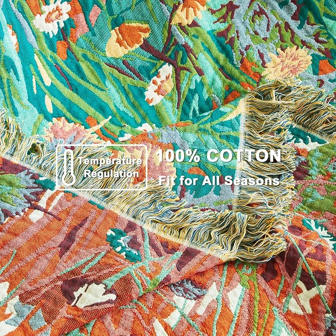 LUTBM Boho Throw Blanket for Bed Cotton Spring Blankets Twin Size for Bedroom Living Room All Season Lightweight Floral Embroidery Reversible Quilt for Couch Sofa Chair 60"x80" Home Decor