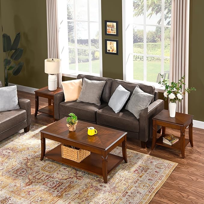Solid Wood Side End Table with Storage Shelf, Mid-Century Sofa Beside Table with Splicing Top,Telephone Table for Living Room, 19.7"L x 17.9"W x 19.7"H Easy Assembly, Cherry Brown CJZ-DR200