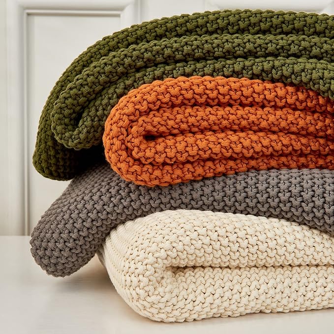 Chunky Cable Knit Throw Blanket Lightweight Cream 100% Organic Cotton Blanket for Sofa Couch Bed Baby Nursery, Rustic Shabby Chic Modern Farmhouse, 60” x 80” Give Laundering Bag
