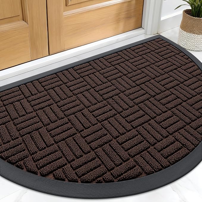 OLANLY Half Circle Door Mat Outside Entrance 29.5x17, Absorbent, Heavy Duty Sturdy Natural Rubber Doormat Indoor Outdoor, Fade Resistant, Non-Slip Backing Low Profile Floor Mat for Entryway, Brown by OLANLY