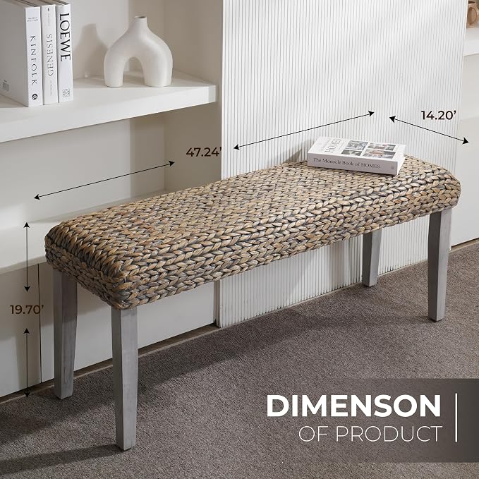 Solid Wood Acacia Indoor Bench with Natural Woven Water Hyacinth Seat, Wood Bench for Living Room or Entryway, Vintage Bench, Fishbone Style, Grey Leg - Image 2