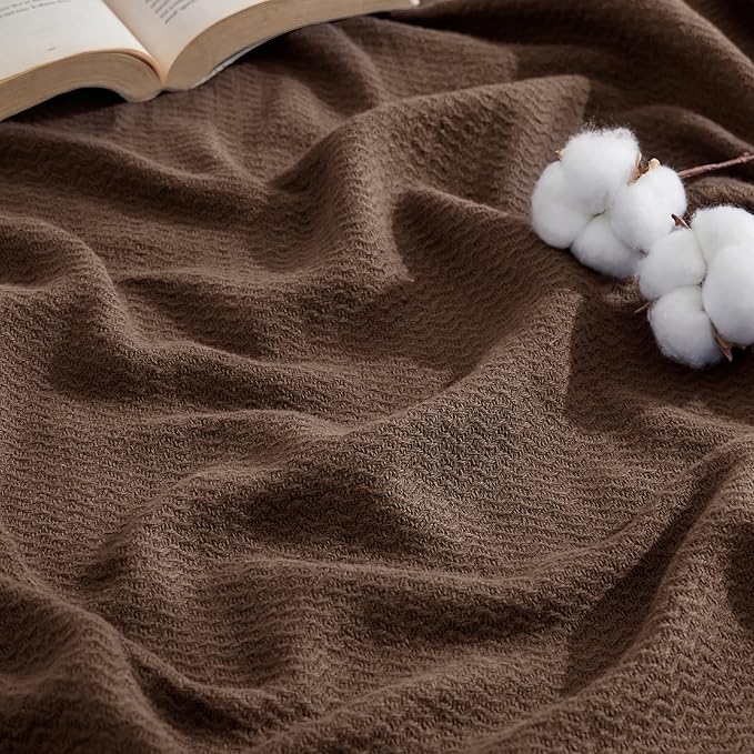 Bedsure GentleSoft 100% Cotton Blanket Queen Size for Bed - Breathable and Lightweight, Soft Cozy Textured Herringbone Woven Blanket for Summer, Brown, 90x90 inches