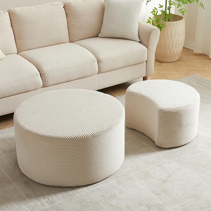kevinplus 49.7'' Foam Round Nesting Coffee Table Set of 2, Modern Upholstered Side End Table Ottoman Footrest, No Assembly, Beige