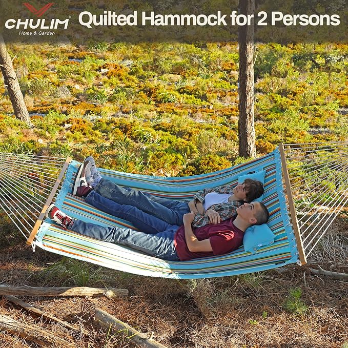 CHULIM 12 FT Double Quilted Fabric Hammock with Spreader Bars and Pillow 450 LBS Weight Capacity 2 Person Hammock for Outdoor Patio Backyard Poolside Blue Stripes - Image 2