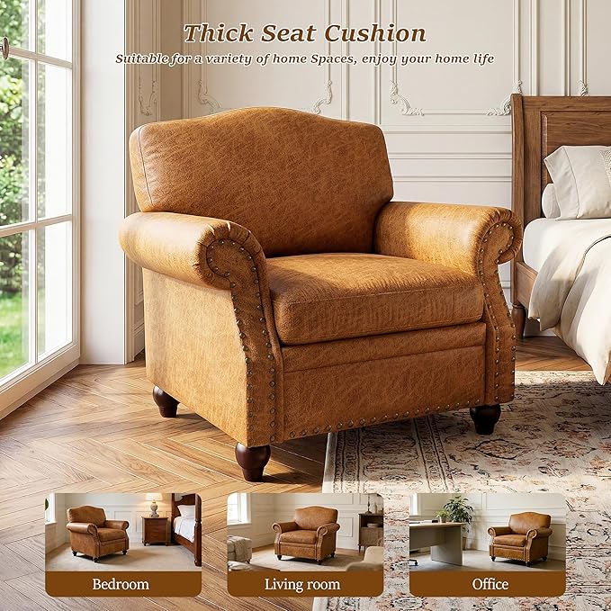 Single Sofa Chair, Faux Leather Nailhead Armchair, Rolled Arm Accent Chair for Living Room, Wood Legs, Traditional Single Couch Chair for Apartment, Farmhouse (Brown, Set of 2)