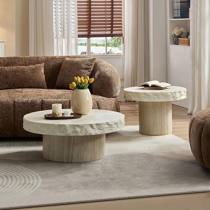 Round Coffee Table Set of 2, Faux Marble Pattern Center Table Imitation Stone Cement Table with Side Table for Living Room Apartment (Fiberglass 31.69" & 23.82")