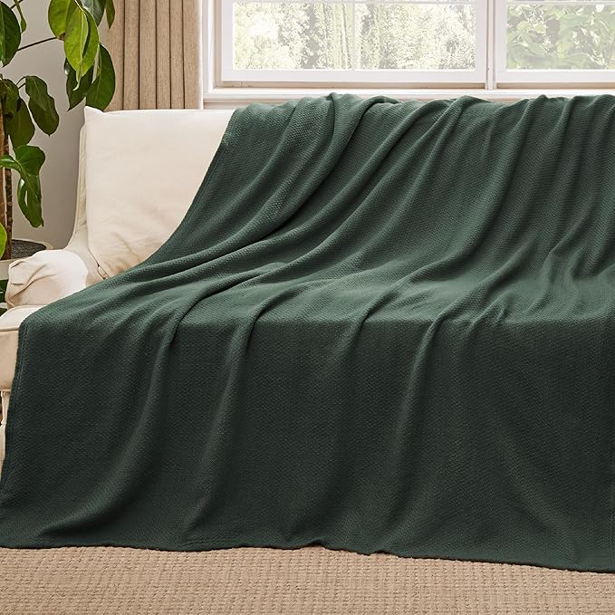 Bedsure GentleSoft 100% Cotton Blanket Full Size for Bed - Breathable and Lightweight, Soft Cozy Textured Herringbone Woven Blanket for Summer Spring, Dark Green, 80x90 inches