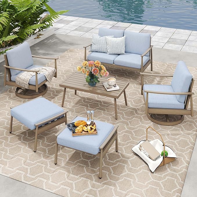 HAPPATIO Patio Outdoor Furniture Set - 6 Pieces Aluminum Outdoor Conversation Set with 1 Cushioned Loveseat, 1 Coffee Table, 2 Swivel Chairs, and 2 Ottomans for Yard, Porch, and Deck (Brown)