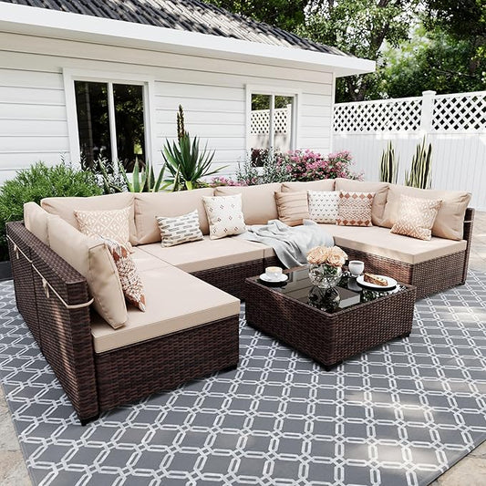 UPHA 7 Pieces Patio Furniture Sets, Wicker Outdoor Sectional Sofa Couch with Coffee Table, Patio Conversation Set for Deck Backyard Garden, Brown Rattan, Beige Cushion
