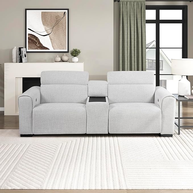 Lexicon Power Reclining Sectional Couches for Living Room-Modular Sectional Sofa, Wall Hugger, 2 Recliner Seats, Console Cup Holders, Power Headrests, Charging Ports, 2 Seater Couch, Chenille Cloud