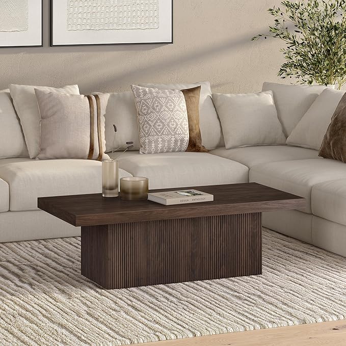 Henn&Hart 48" Fluted Low-Profile Coffee Table with Ribbed Base for Living Room, Family Room, or Office, Warm Brown