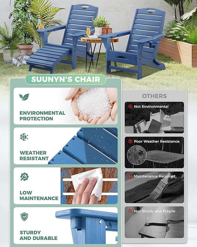 Adjustable Adirondack Chairs Set of 4 with Retractable Ottoman, HDPE Folding Adirondack Chair with Cup Holders, Weather Resistant for Backyard, Poolside & Fire Pit(Navy Blue) - Image 6