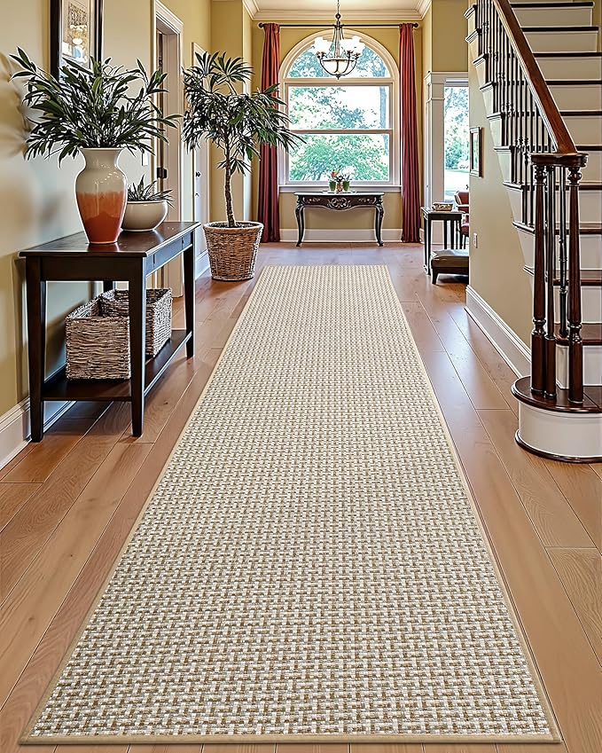 DEXI Hallway Runner Rug 2'4"x8', Non Slip Rubber Backed Runners Carpet, Ultra Thin Entryway Rugs Indoor for Kitchen Hallway Entrance Bedroom, Beige and White by DEXI