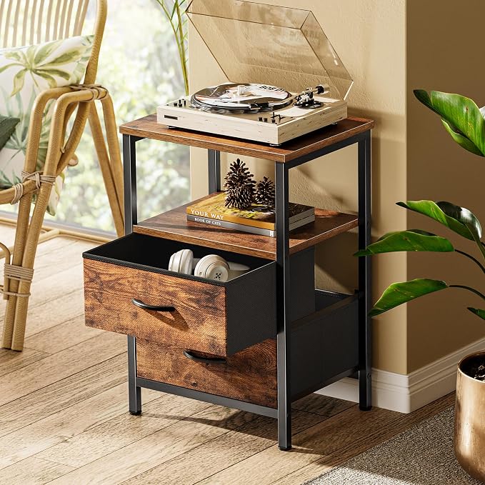 Huuger Night Stand Set of 2, Nightstand with 2 Drawers, Bed Side Table with Open Shelf, Wooden Top, End Table, Fabric Drawer, for Bedroom, Rustic Brown - Image 2