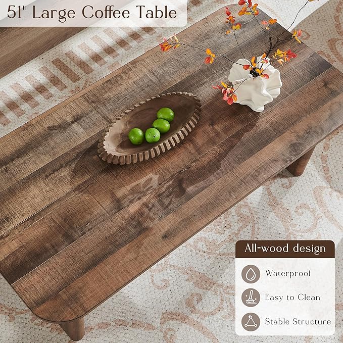 ACCOHOHO Modern Coffee Table for Living Room,51.2" Large Rectangle Wood Coffee Table with U-Shaped Legs & Sturdy Base Design,Center Table for Office,Apartment,Light Brown