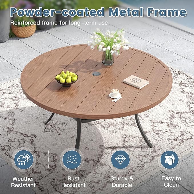 DIFY 11 Pieces Outdoor Patio Dining Set for 10, 60" Walnut Round Metal Dining Table and 10 Brown Stackable Sling Dining Chairs, Outdoor Table and Chairs for Lawn Garden Backyard Deck - Image 3