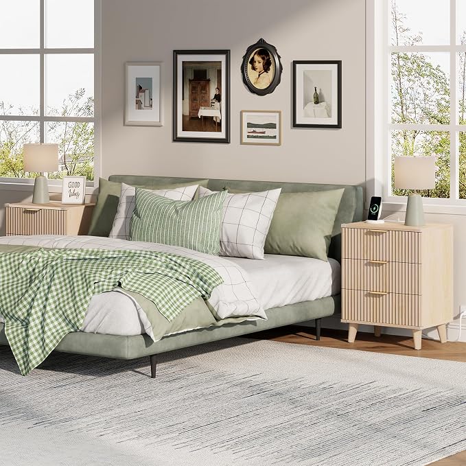 Lulive Wood Nightstand with Charging Station, 3 Drawers Fluted Design, Modern End Table for Bedroom Natural Oak - Image 4