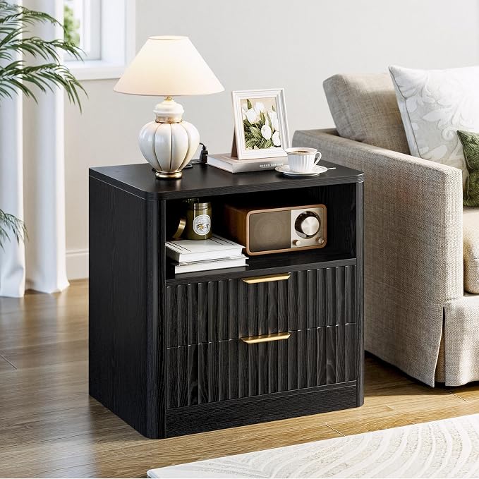 IRONCK Fluted Night Stand, Modern Nightstand with Charging Station, Drawers and Open Shelves - Bedside Table Wood Side Table for Bedroom, Black - Image 8