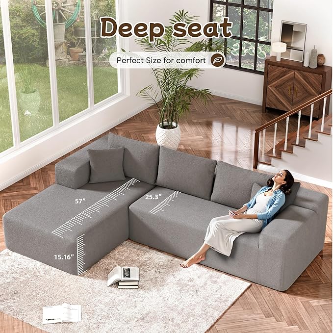 L-Shape Cloud Sectional Sofa, 104” Modern Modular Boneless Couch with Right Chaise Lounge, Compressed Floor Sofa with 5 Pillows & Deep Seat, Rain Drop Velvet Couch for Living Room, Light Gray