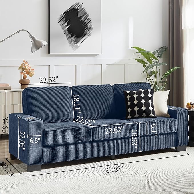 83" Modern Cloud Sofas for Living Room Bedroom, 3 Seat Modular Couch Soft Corduroy Upholstered Loveseat Couches with Cupholders for Home Apartment Office Studio