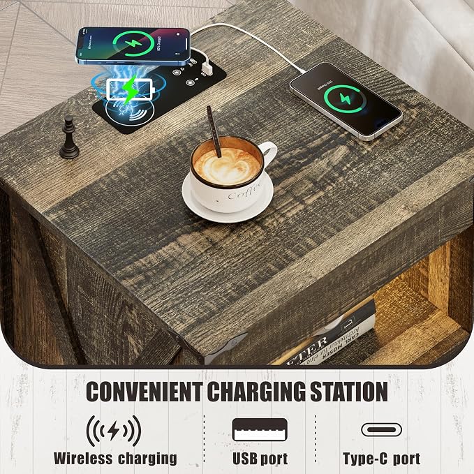 FREDEES Rustic Nightstand with Gun Drawer, End Table with Charging Station, LED Bedside Table with Human Sensor Light, Rattan Night Stand for Bedroom, Brown - Image 6