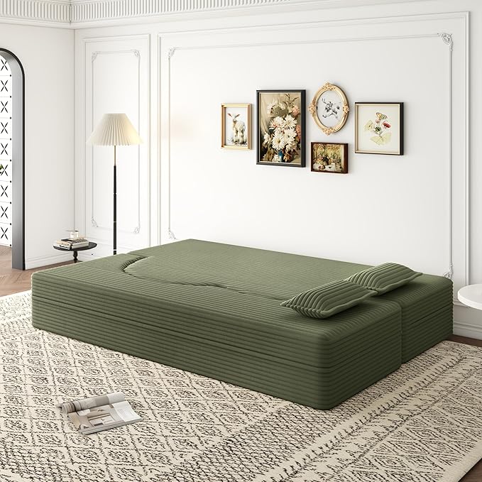 KEIKI Corduroy Floor Sofa Convertible Couch, Full Size 15" Foam Folding Mattress Sleeper Sofa Bed with 2 Pillows, Lounge Floor Couch for Bedroom & Living Room, Green