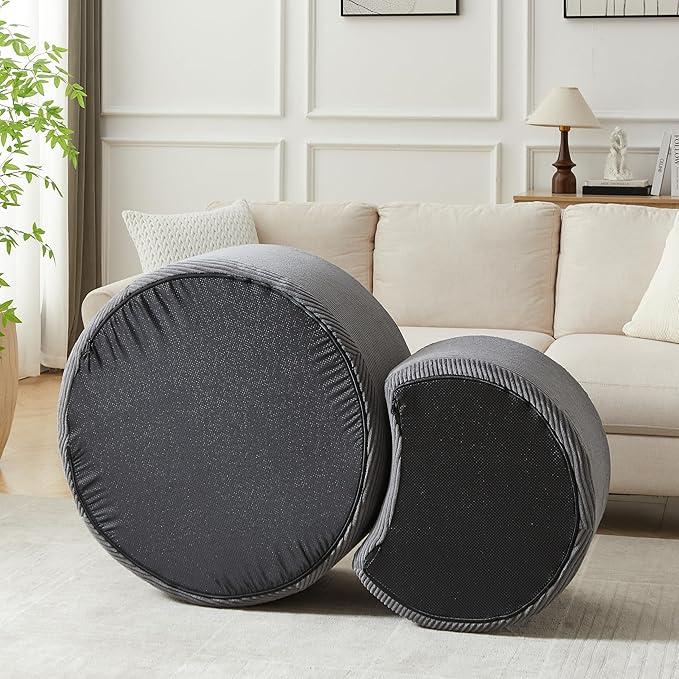 kevinplus 49.7'' Foam Round Nesting Coffee Table Set of 2, Modern Upholstered Side End Table Ottoman Footrest, No Assembly, Gray