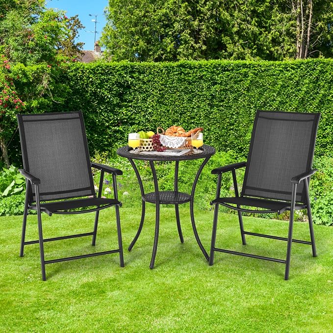 Giantex Set of 2 Patio Folding Chairs, Portable Outdoor Dining Chairs with Armrest for Porch Camping Pool Beach Deck Lawn Garden, Metal Frame, Black - Image 4