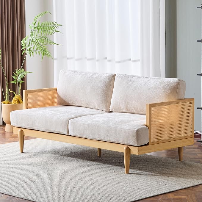 Merax 72" Spacious 2-Seater Sofa Couch with Armrests, Cane Rattan Wooden Frame Loveseat Sofa for Living Rooms, Bedrooms, Apartment, Office (Natural+Beige)