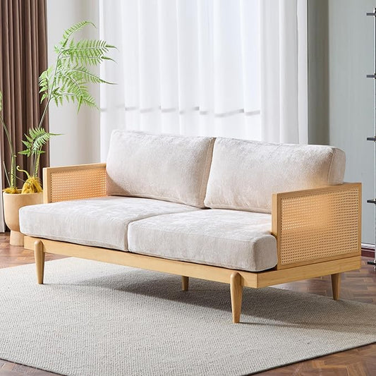 Merax 72" Spacious 2-Seater Sofa Couch with Armrests, Cane Rattan Wooden Frame Loveseat Sofa for Living Rooms, Bedrooms, Apartment, Office (Natural+Beige)