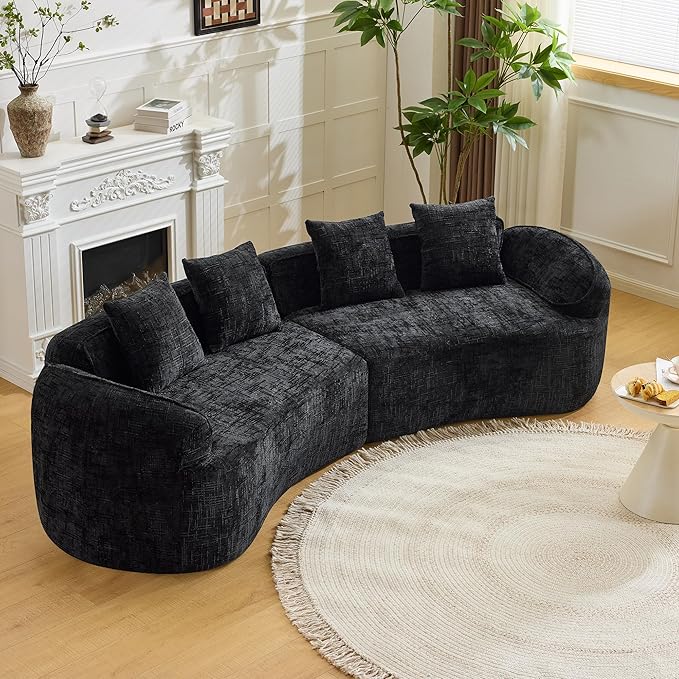 109-Inch Curved Boneless Sofa Couches Compressed 4-Seat Foam Couch for Living Room Bedroom, Boneless Modular Cloud Sofa Curved Floor Couch with 4 Pillows, No Assembly