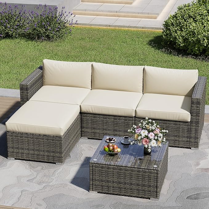 SUNVIVI OUTDOOR Outdoor Patio Furniture Set, 5 Piece Patio Conversation Set, Waterproof Wicker Patio Furniture Set, All Weather Combination Patio Conversation Sets with Cushions and Glass Table, Beige