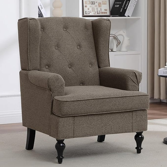 Accent Chair for Living Room, Mid Century Modern Upholstered Armchair, Wingback Chair with Tufted High Back and Solid Legs, Comfy Side Chairs Single Sofa for Bedroom, Brown