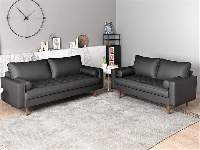 Womble Mid Century Modern Couch with Bolster Pillows, PU Leather Upholstered Tufted Seat, Versatile Retro Design for Comfortable Living Spaces, Sofa, Midnight Black
