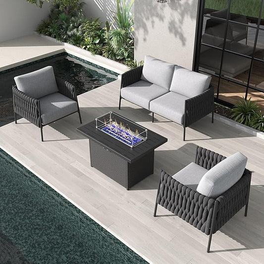 LayinSun 4 Piece Outdoor Furniture Set with Fire Pit Table, Modern Rope Woven Patio Conversation Sofa Set with Olefin Braid and Deep Seating
