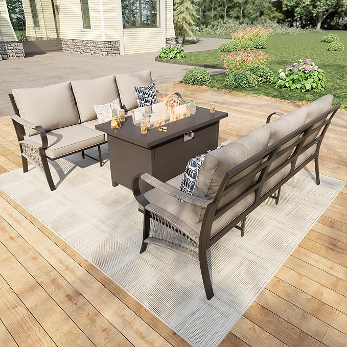 3 Pieces Outdoor Patio Conversation Sets, Outdoor Furniture Set Metal 2 Three-Seater Sofas with Fire Pit Table for Backyard Deck Porch Poolside, Beige