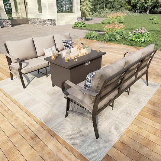 3 Pieces Outdoor Patio Conversation Sets, Outdoor Furniture Set Metal 2 Three-Seater Sofas with Fire Pit Table for Backyard Deck Porch Poolside, Beige