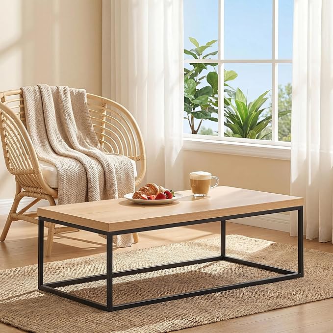 CENSI 47 Inch Oak Coffee Table for Living Room, Modern Industrial Center Table with Extra Thick 40mm Wood Top, Natural White Oak Finish, Rectangle Cocktail Table