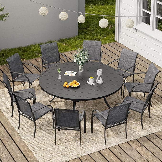 VICLLAX Round Outdoor Dining Set, Patio Table and Chairs Set Set of 10 Patio Stackable Chairs and 63" Outdoor Round Table with Umbrella Hole for Backyard Lawn Garden, Dark Grey Chairs and Black Table by HOME
