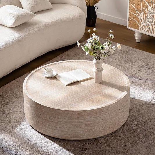 Round Coffee Table in Faux Marble, 39.37" W × 12" H Stone Coffee Tables for Living Room, Modern Drum Center MDF Vintage Design Low, Office, Apartment No Assembly Required Beige Mars