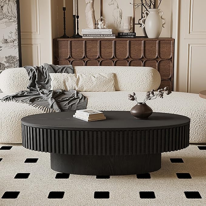 Oval Coffee Table with Storage for Living Room Fluted Pedestal Coffee Table Modern Handcrafted Centre Table for Apartment, Easy Assembly 47.2"x23.6", Black