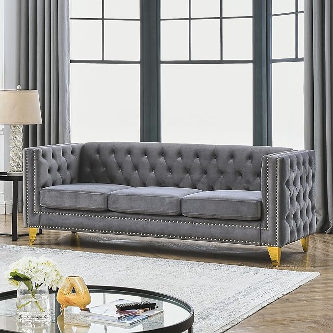 KEIKI Tufted Velvet 3 Seat Sofa Couch for Living Room, Buttons Tufted Square Arm Couch for Home Apartment, Gray