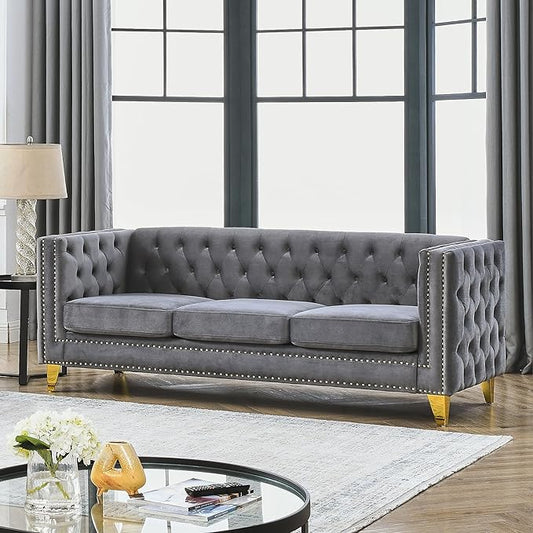 KEIKI Tufted Velvet 3 Seat Sofa Couch for Living Room, Buttons Tufted Square Arm Couch for Home Apartment, Gray