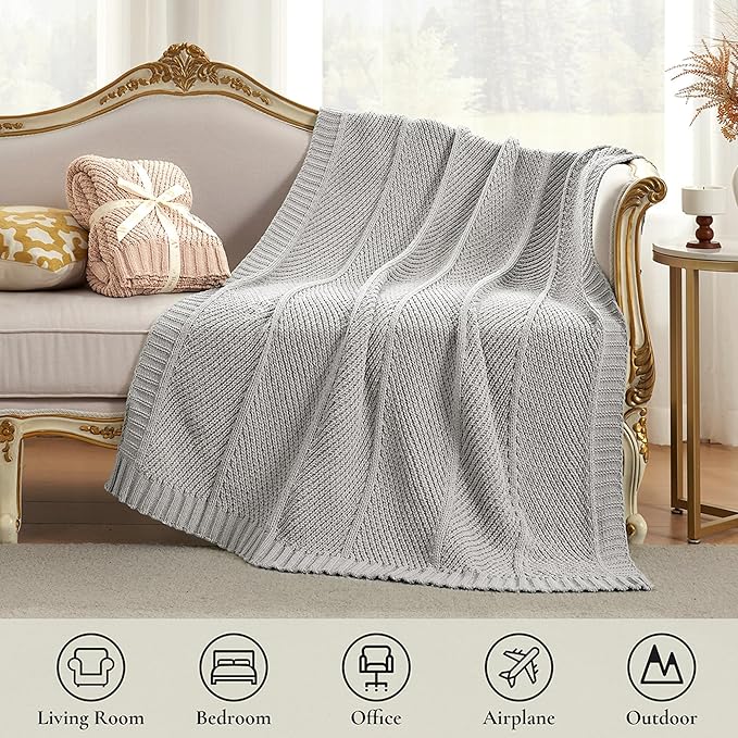 Amélie Home Knit Throw Blanket, Soft Chenille Cozy Breathable Chevron Chunky Decorative Blanket for Couch, Bed & Sofa, French-Inspired Lightweight Warm Gift for Women, Light Gray, 50"x60"