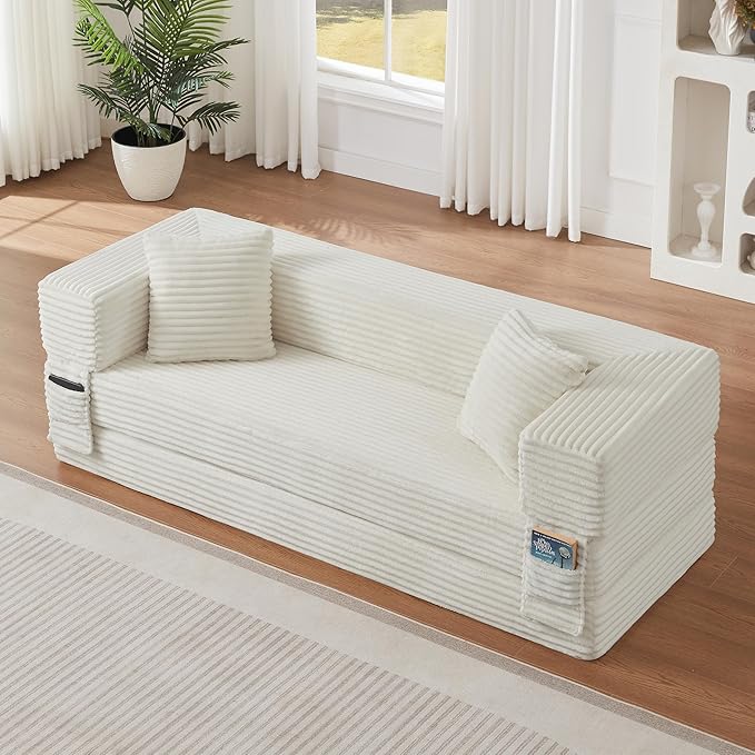 Ball & Cast Modern Upholstered Sofa with 2 Pillows,Boneless Corduroy Couch W/Deep Seat,Convertible Folding Sleeper Sofa Bed for Living Room,Bedroom,Apartment,No Assembly,White,78"
