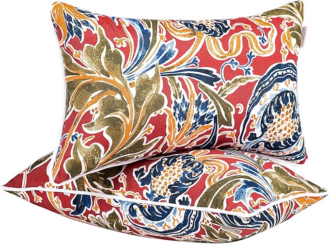 JMGBird Water-Resistant Outdoor Pillows Set of 2, 12x20 inch Durable Red with Pomegranate Flower Pattern Throw Pillows with Inserts for Patio Furniture