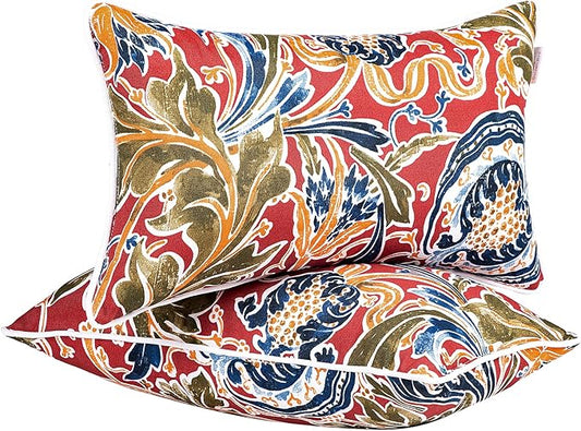 JMGBird Water-Resistant Outdoor Pillows Set of 2, 12x20 inch Durable Red with Pomegranate Flower Pattern Throw Pillows with Inserts for Patio Furniture